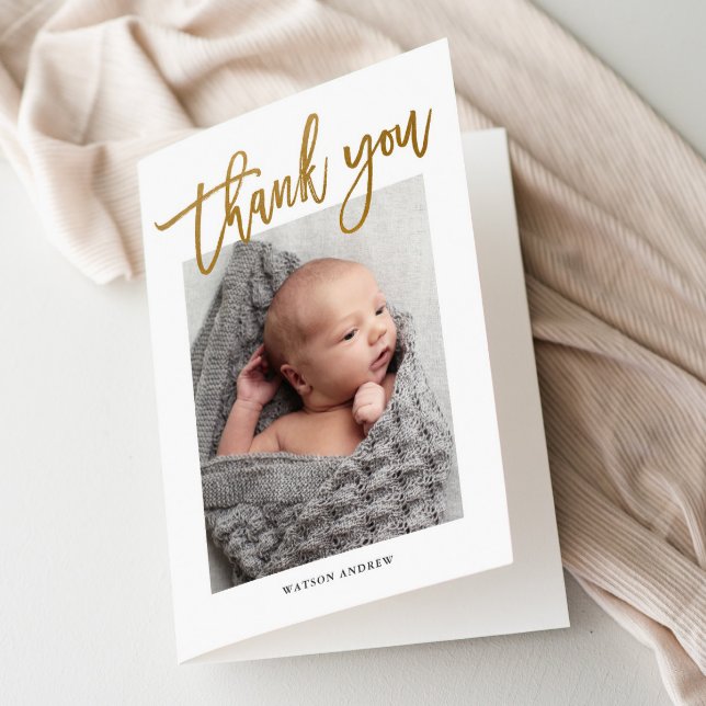 Modern Calligraphy Photo Baby Thank You Card