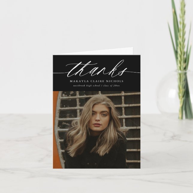 Modern Calligraphy Photo Black Graduation Folded Thank You Card (Front)