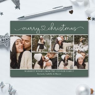 Modern Calligraphy Photo Collage Green Christmas Card
