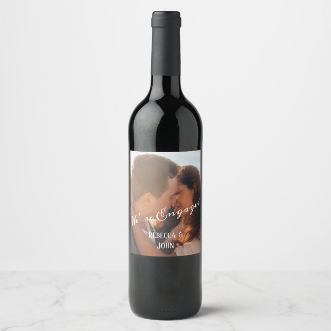 Modern Calligraphy Photo Engagement Party Favour Wine Label (Front)
