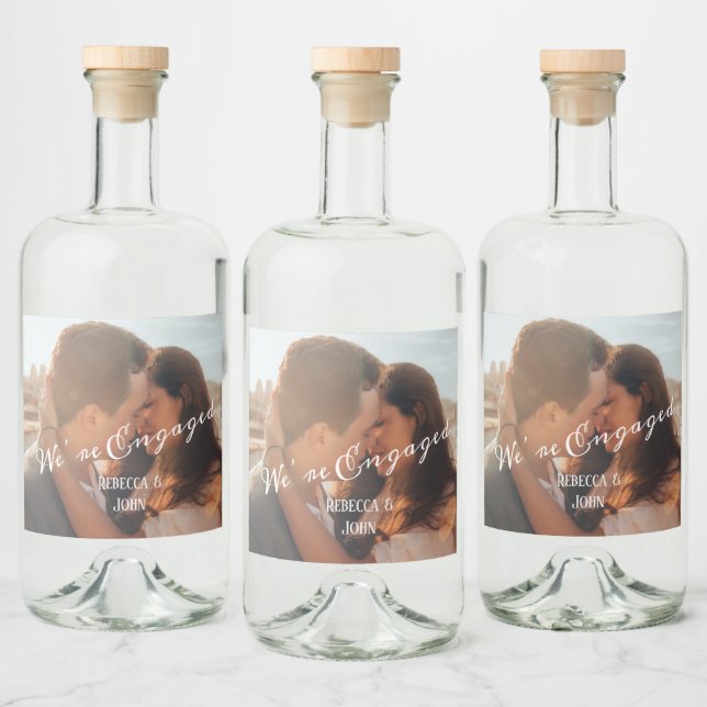 Modern Calligraphy Photo Engagement Personalised Liquor Bottle Label (Bottles)