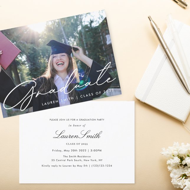 Modern Calligraphy Photo Graduation Party Invitation (Creator Uploaded)