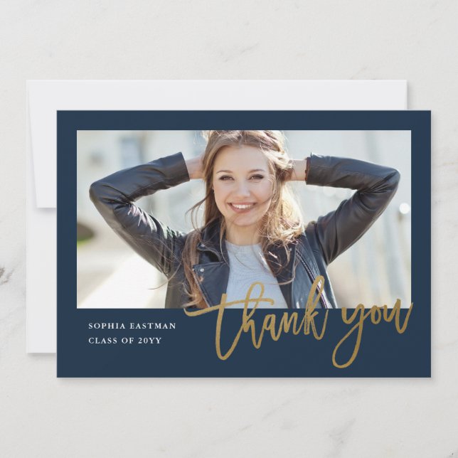 Modern Calligraphy Photo Graduation Thank You Card (Front)