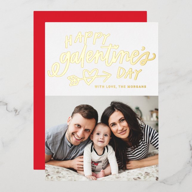 Modern Calligraphy Photo Happy Galentine's Day Foil Holiday Card (Front/Back)
