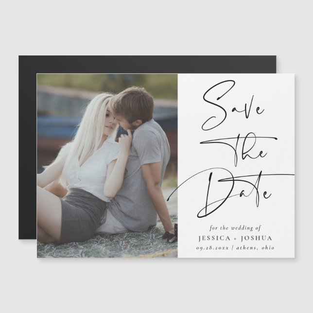 Modern Calligraphy Photo Save the Date Magnet (Front/Back)