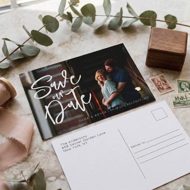 Modern Calligraphy Photo Save the Date Postcard (Creator Uploaded)