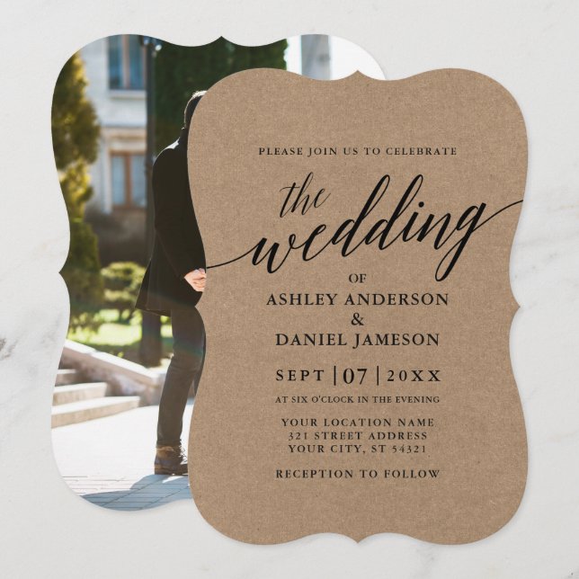 Modern Calligraphy Photo Wedding Kraft Invitation (Front/Back)