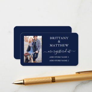 Modern Calligraphy Photo Wedding Registry Blue Enclosure Card