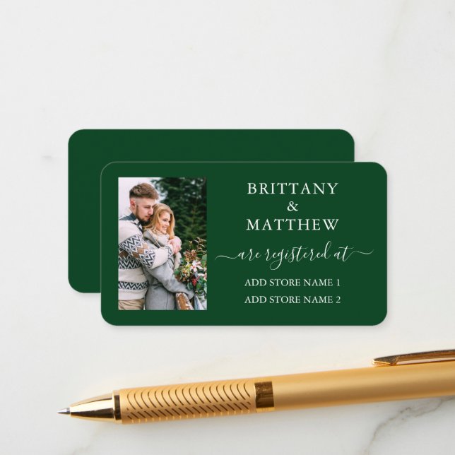 Modern Calligraphy Photo Wedding Registry Green Enclosure Card (Front/Back In Situ)