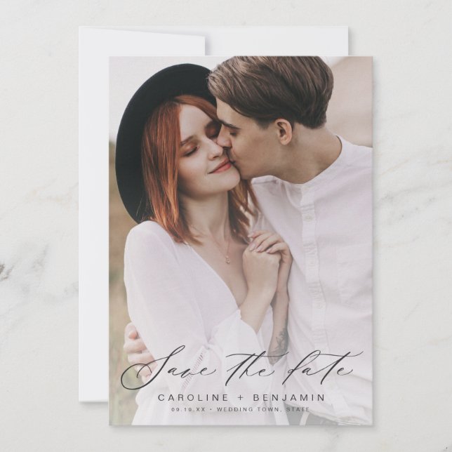 Modern calligraphy photo wedding save the date (Front)