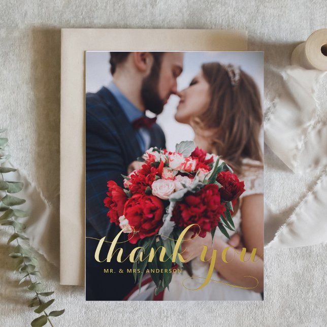 Modern Calligraphy Photo Wedding Thank You Foil Greeting Card (Creator Uploaded)