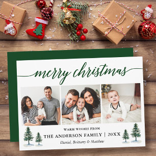 Modern Calligraphy Pines Christmas 3 Photo Green Holiday Card