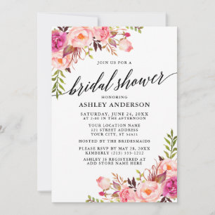 Modern Calligraphy Pink Blush Floral Bridal Shower Invitation