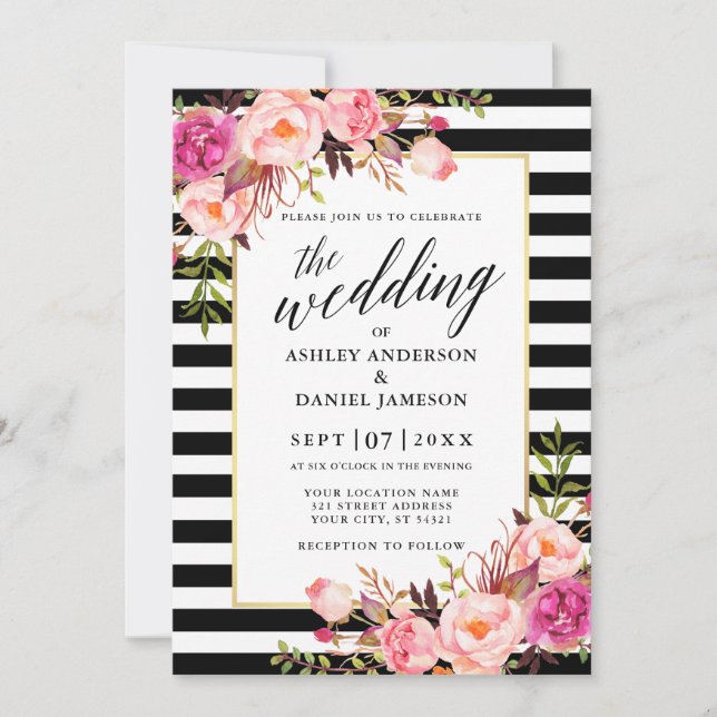 Modern Calligraphy Pink Floral Striped Wedding Invitation (Front)