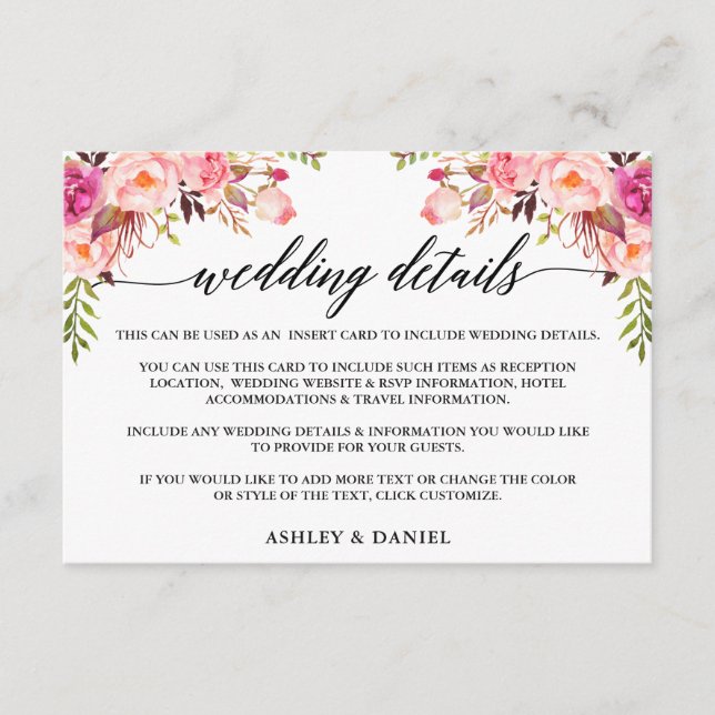 Modern Calligraphy Pink Floral Wedding Details Enclosure Card (Front)