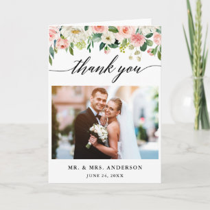 Modern Calligraphy Pink Floral Wedding Folded Thank You Card