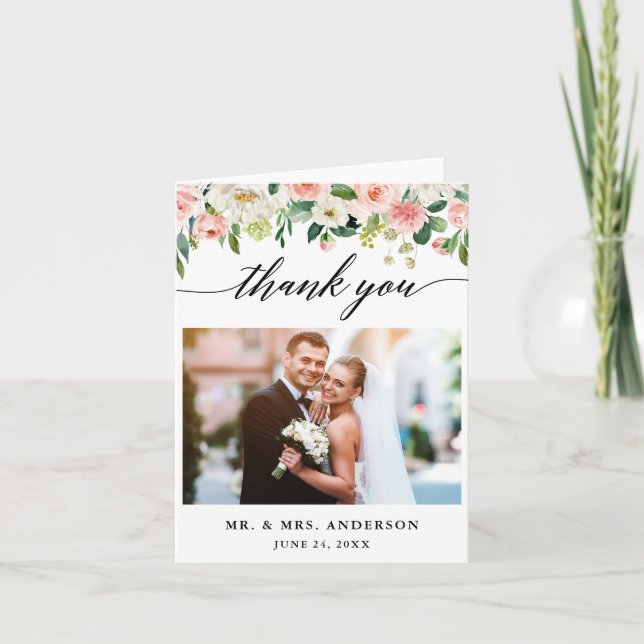 Modern Calligraphy Pink Floral Wedding Note Thank You Card (Front)