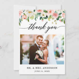 Modern Calligraphy Pink Floral Wedding Photo Thank You Card