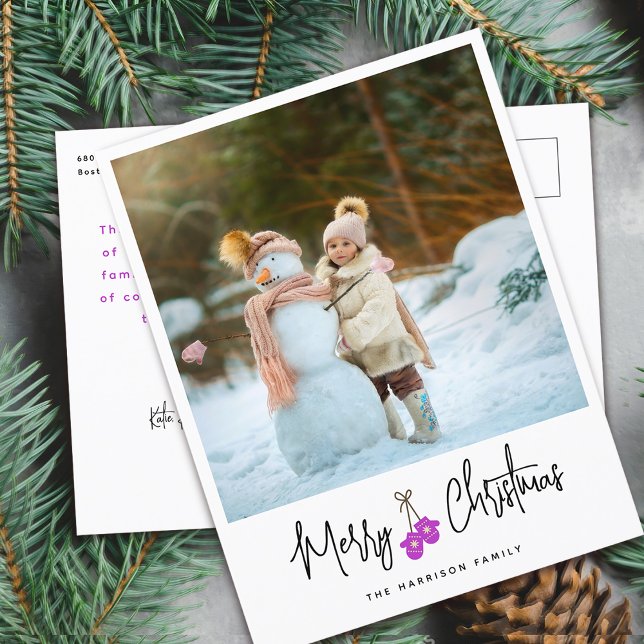 Modern Calligraphy Pink Mittens Photo Holiday Postcard (Modern Calligraphy Pink Mittens Photo Holiday Postcard)