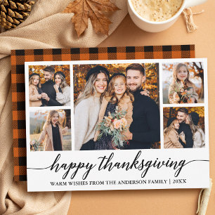 Modern Calligraphy Plaid Thanksgiving 5 Photo Holiday Card