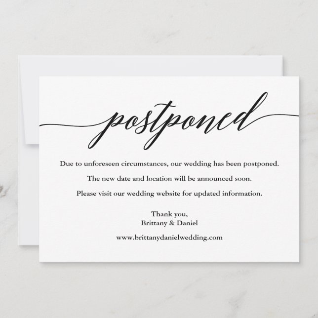 Modern Calligraphy Postponed Wedding Card (Front)