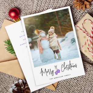 Modern Calligraphy Purple Mittens Photo Flat Holiday Card