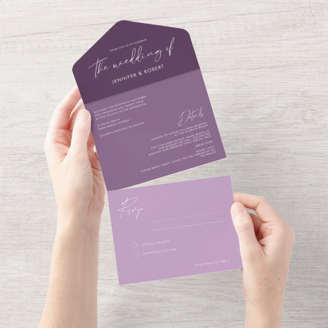Modern Calligraphy Purple Plum Wedding All In One Invitation (Tearaway)