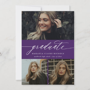 Modern Calligraphy Purple Three Photo Graduation Invitation