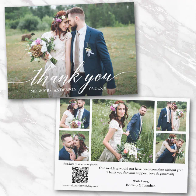 Modern Calligraphy QR Code 6 Photos Wedding Thank You Card | Zazzle