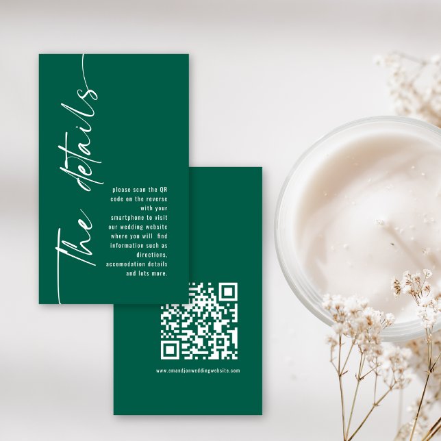 Modern Calligraphy QR Code Emerald Wedding Details Enclosure Card (Frotn and back view)