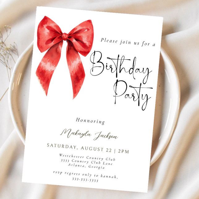 Modern Calligraphy Red Bow Birthday Invitation (Creator Uploaded)