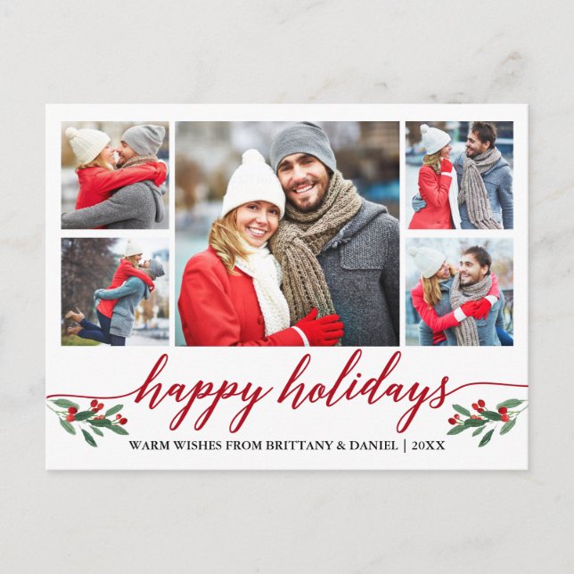 Modern Calligraphy Red Happy Holidays 5 Photo Postcard (Front)