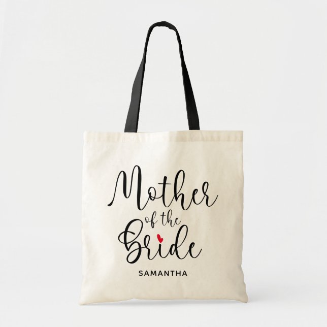 Modern Calligraphy Red Heart Mother of the Bride Tote Bag (Front)