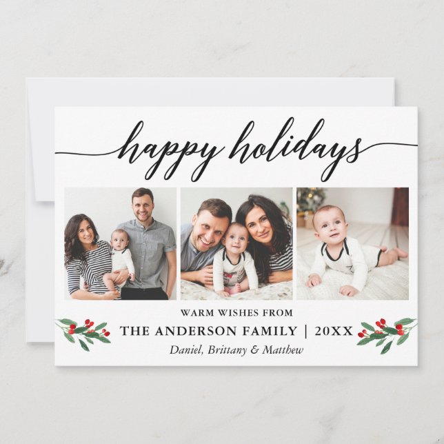 Modern Calligraphy Red Holly 3 Photo Holiday Card (Front)