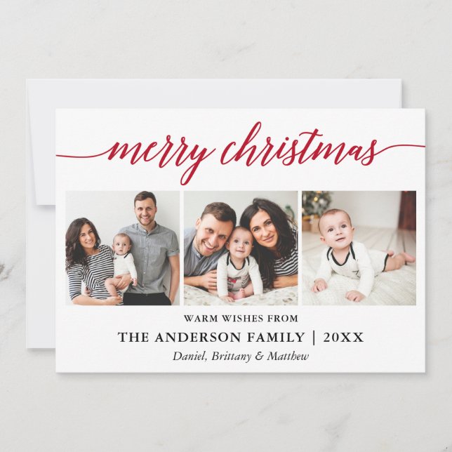Modern Calligraphy Red Merry Christmas 3 Photo Holiday Card (Front)