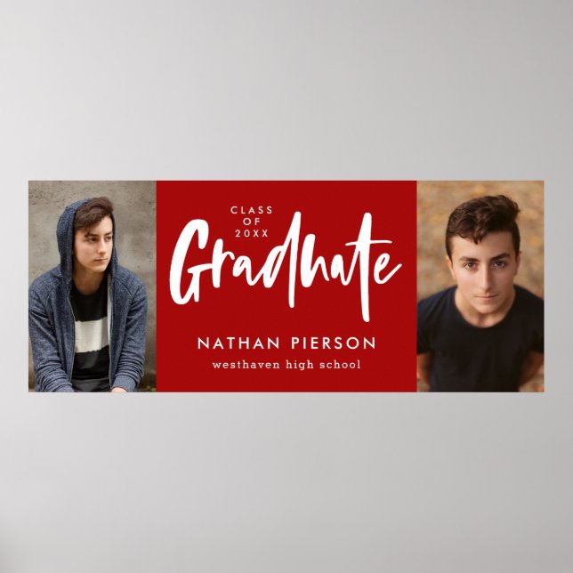 Modern Calligraphy Red Two Photo Graduation Poster (Front)