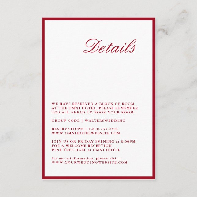 Modern Calligraphy Red Wedding Detail Card (Front)