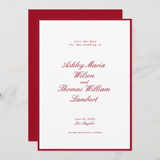 Modern Calligraphy Red Wedding Save the Date Invitation (Front/Back)