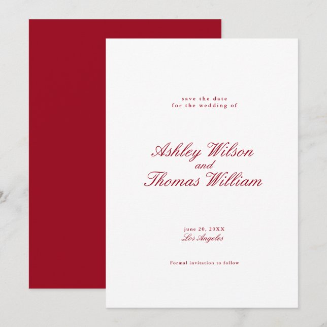 Modern Calligraphy Red Wedding Save the Date Invitation (Front/Back)