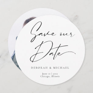 Modern Calligraphy Round Circle Black White Photo Save The Date