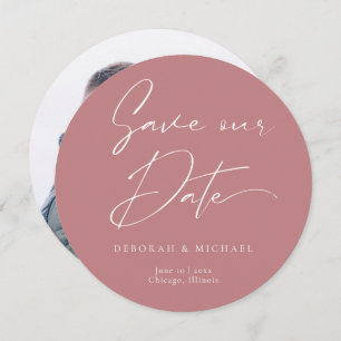 Modern Calligraphy Round Circle Dusty Rose Photo Save The Date