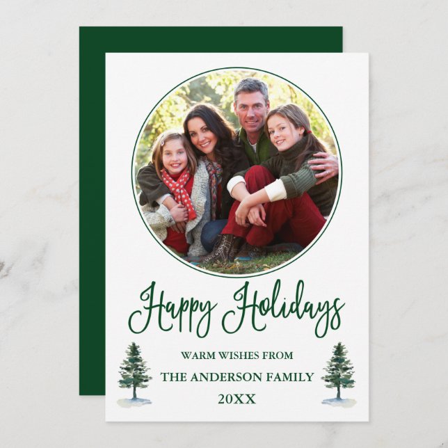 Modern Calligraphy Round Photo Frame Green Pines Holiday Card (Front/Back)