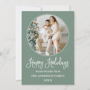 Modern Calligraphy Round Photo Frame Sage Green Holiday Card