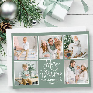 Modern Calligraphy Sage Green 5 Photo Christmas Holiday Card