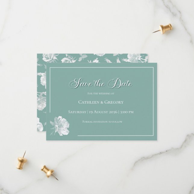 Modern Calligraphy Sage Green Floral Wedding  Save The Date (Front/Back In Situ)