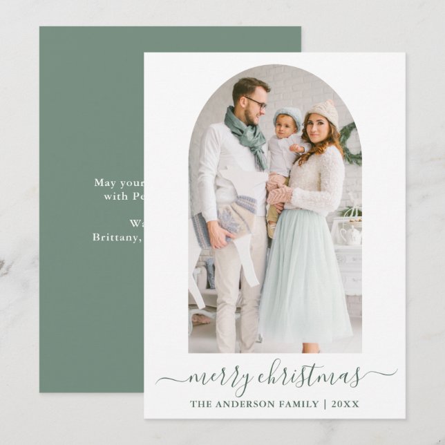 Modern Calligraphy Sage Green Photo Arch Christmas Holiday Card (Front/Back)