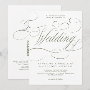 Modern calligraphy Sage Green QR code wedding Invitation