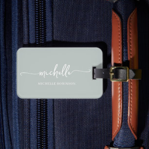 Modern Calligraphy Sage Green Script Monogram Name Luggage Tag