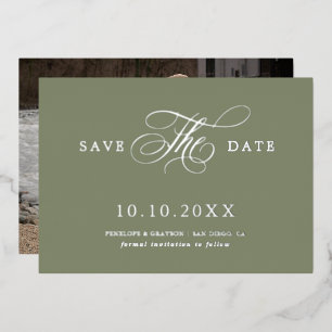 Modern calligraphy Sage Green Silver Save the Date