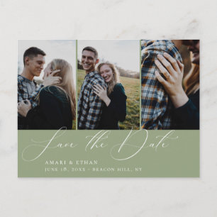 Modern Calligraphy Sage Multi-Photo Save the Date Announcement Postcard